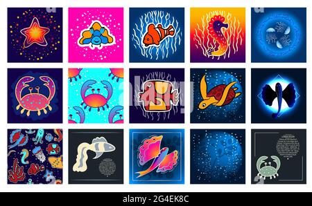 Unterwasserwelt - eine Reihe von Cliparts, Muster, Banner. Bewohner der Meere und Ozeane. Design für die Dekoration der Werbung. Fisch, Stern, Krabbe, t Stock Vektor