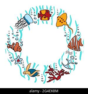 Clipart mit einem Rahmen und Platz für Text. Muscheln, Fische, Tiefseetiere des Meeres und des Ozeans EIN schönes Meerwasseraquarium.Banner für Werbung zo Stock Vektor