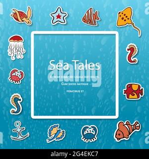 Clipart. Platz für Text, Muscheln, Fische, Tiefseetiere des Meeres und des Ozeans schönes Meerwasseraquarium. Isoliert auf weißem Hintergrund. Vektorgrafik Stock Vektor