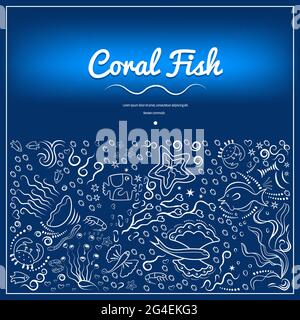 Meeresprobe von Tiefseefischen, Algen. Monochrom, Rahmen für Banner, Werbung für Meeresprodukte, Aquarien. Weiße Silhouetten auf einem blauen Hintergrund Stock Vektor