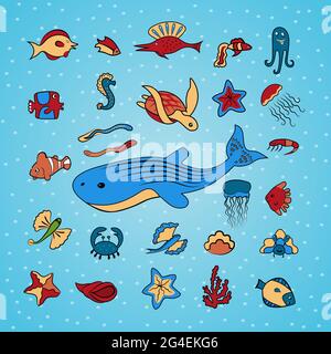 ClipArt. Muscheln, Fische, Seesterne, Schlittschuhe, Kraken, Quallen, Krabben und andere Tiefseetiere des Meeres und des Ozeans. Wunderschönes Meerwasseraquarium. Isolat Stock Vektor
