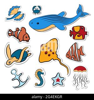Clipart. Muscheln, Fische, Tiefseetiere des Meeres und des Ozeans wunderschönes Meerwasseraquarium. Isoliert auf weißem Hintergrund. Vektorgrafik Stock Vektor