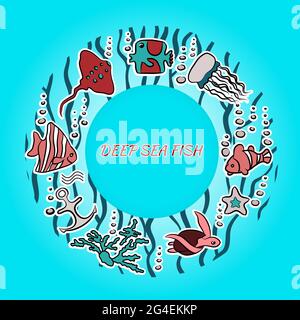 Clipart mit einem Rahmen und Platz für Text. Muscheln, Fische, Tiefseetiere des Meeres und des Ozeans EIN schönes Meerwasseraquarium.Banner für Werbung zo Stock Vektor