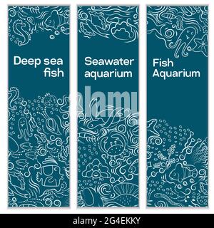 Eine Reihe vertikaler Banner. Mit Ornament auf einem marinen Thema. Die Muscheln, Fische, Tiefseetiere des Meeres und des Ozeans EIN wunderschönes Meerwasseraquarium. A Stock Vektor