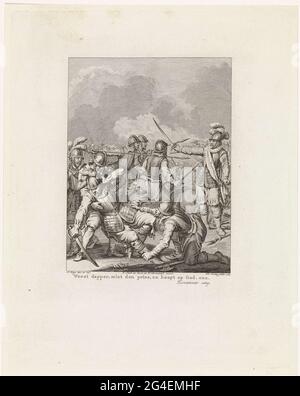 . Während eines Kampfes mit Mondragon findet Charles de Boisot den Tod auf dem Schlachtfeld, 29. September 1575. Dieser Druck ist Teil einer Serie von 24 Drucken mit Szenen aus dem Leben von Prinz Willem I., 1568-1584, und ist eine Illustration des siebzehnten Gesangs. Stockfoto