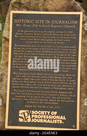 Mt. Zion Historic Park, VA, USA. Denkmal der Bürgerkriegskorrespondentin Lynde Walter Buckingham auf dem Gelände der Old School Baptist Church. Stockfoto