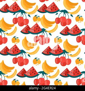 Nahtloses Muster mit Sommerwassermelone, Zitrone, Banane, Kirsche isoliert auf weißem Hintergrund. Doodle Fruit. Natürliche tropische Zitrusfrüchte. Vegan von Hand gezeichnet Stock Vektor