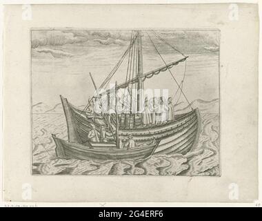 . Das Treffen mit einer russischen lodja, 12. August 1597. Die Schuit ist neben dem russischen Schiff, wo die Niederländer Lebensmittel kaufen und Informationen über ihren Kurs erhalten. Kopien der Originalabbildungen im Reisebericht der Reise von Willem Barendsz und Jacob van Heemskerck im Jahr 1596-1597 und des Aufenthalts auf der Insel Nova Zembla, Nr. 28. Stockfoto