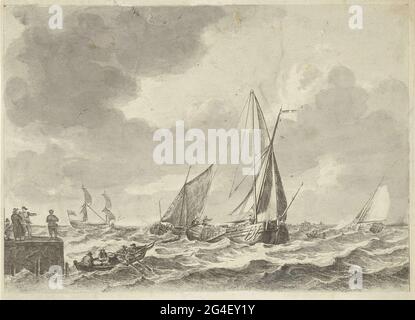 . Segelschiffe auf turbulentem Wasser mit einem Ruderboot auf der linken Seite mit fünf Figuren. Es gibt vier Figuren auf der Königin. Stockfoto