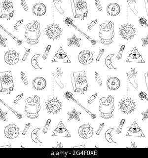 Nahtloses Muster mit handgezeichneter Doodle-Linie Kunst Himmelskörper und magische Gegenstände. Spirituelle mystische Wiederholung Textur. Stock Vektor