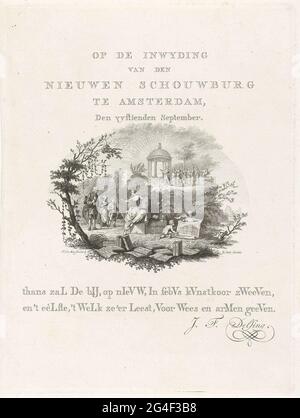 . Blatt mit einer ovalen allegorischen Show und einem zweimaliden Timers bei der Eröffnung der neuen Amsterdam Schouwburg am Leidseplein, 15. September 1774. Dieses Stadttheater wurde 1772 als Ersatz für die Schouwburg zur Keizersgracht erbaut und 1890 selbst niedergebrannt. In der Mitte begrüßt die Personifizierung der Amsterdamse Schouwburg mit einem neuen Bijenkorf einen Mann und zwei Kinder auf dem Schuss. Rechts von ihren beiden Putten rollt ein Bild des neuen Gebäudes auf. Bücher und Schriften mit Theaterarbeit. Im Häuptling von Apollo, den Muzen und Pegasus auf dem Parnassus. Stockfoto