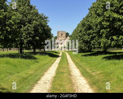 Strecke zwischen einer Allee von Bäumen, die zu einer englischen Dorfkirche in den Cotswold Hills in Gloucestershire führt Stockfoto
