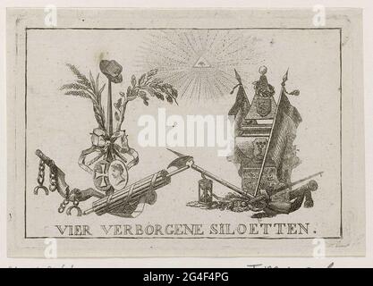 . Vier Silhouetten, die in zwei Waffentrophäen versteckt sind, 1787. In der Mitte oben am Sonnenauge. Die beiden Silhouetten links am gebrochenen Joch und am Freiheitspeer stammen von Joan Derk van der Capellen nach Den Pol und Bürgermeister Hendrik Hooft Danielsz., direkt am Grabdenkmal der verstorbenen Cornelis Govert Visscher und Isaac van Goudoever. Das Wappen der vier erwähnten Personen ist auf den Ornamenten zu sehen. Stockfoto