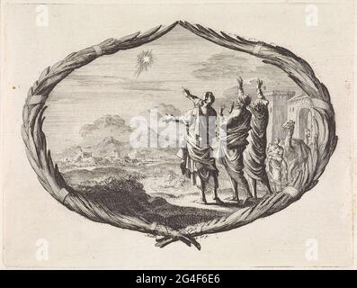 . Eine Performance in einer Kartusche aus Palmenzweigen. Die drei Könige aus dem Osten sehen den Stern im Himmel, der die Geburt Christi vorhersagt. Stockfoto