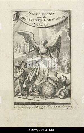 . Die Personifizierung des wahren Glaubens, mit einem brennenden Herzen auf ihrer Brust (Symbol der göttlichen Liebe), hält das Essen des Gesetzes und des Evangeliums in ihren Händen. Sie trampelt einen Himmelsglobus, eine Krone und eine Geldtasche. Auf der rechten Seite liegt die Personifizierung der Unzufriedenheit (mit Krähe), die Personifizierung der Bosheit (mit Drachen). Im Hintergrund steht Moses auf dem Berg Sinai, am Fuße des Berges ist die Auferstehung Christi dargestellt. Adam und Eva aus dem Paradies werden vertrieben. Stockfoto