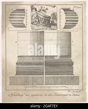 . Zwei Säulen in Seitenansicht mit Skala. Links und rechts oben auf zwei Säulen im Durchmesser mit einer Skala. Zentral an der Spitze der Überreste eines klassischen Tempelpaddels. Die Säulen sind nach dem Abdruck des Tempels von Juno in Samos. Rechts in der oberen Ecke nummerierte Platte XLII. Stockfoto