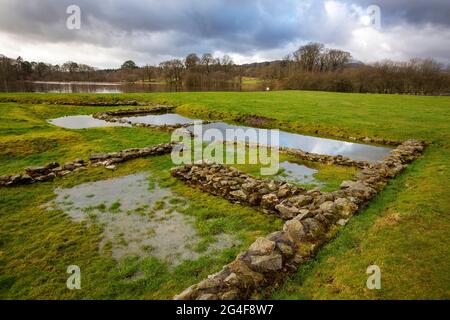 Galava römische Festung in Ambleside mit Hochwasser von einem extremen Wetterereignis, Lake District, Großbritannien. Stockfoto