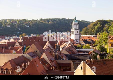 Stadtansicht, Blick auf die Dächer der Altstadt mit Turm der Frauenkirche, Meißen, Sachsen, Deutschland Stockfoto