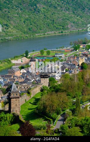 Stadt der Türme und Weine, historische Stadt Oberwesel, UpperMittelrheintal, UNESCO-Weltkulturerbe, Rheinland-Pfalz, Deutschland Stockfoto