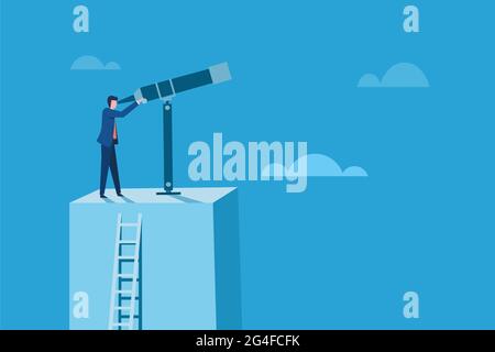 Konzeptionelle Illustration eines Geschäftsmanns, der auf einer Höhenplattform steht, schaut durch ein Teleskop Stock Vektor