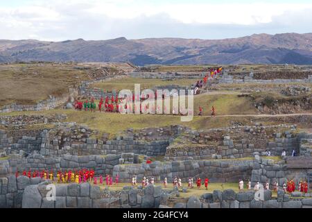 Inti Raymi, Festival der Sonne, Übersicht über das Festivalgebiet, Ruinen des Inka Sacsayhuaman, Cusco, Peru Stockfoto