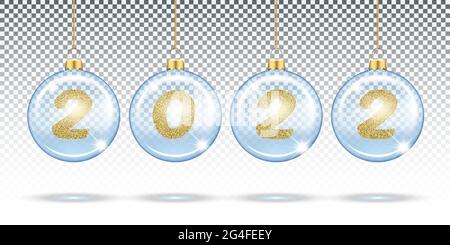 Zahlen 2022 aus Gold glitzern in weihnachtlichen transparenten Kugeln, Baumdekorationen. Festliches Layout für Banner, Poster, Grußkarten im neuen Jahr. Stock Vektor