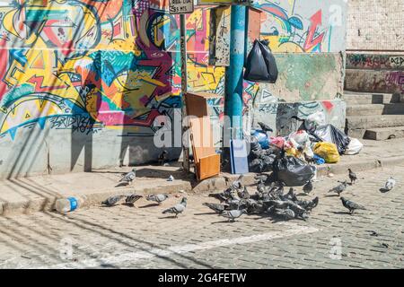 VALPARAISO, CHILE - 29. MÄRZ 2015: Müll und Tauben auf einer Straße im Zentrum von Valparaiso, Chile Stockfoto