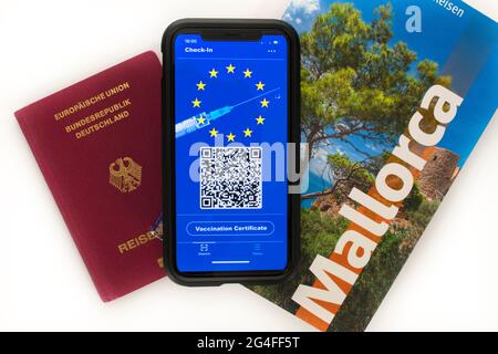 Symbol Foto Impfprivileg, Smartphone mit digitalem europäischen Impfpass mit QR-Code, Reiseführer, Reisepass, Corona-Krise Stockfoto