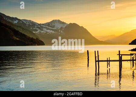 See mit Bergen im Hintergrund, Blick vom Brunnen über den Vierwaldstättersee bei Sonnenuntergang mit Steg im Vordergrund, Kanton Schwyz, Schweiz Stockfoto