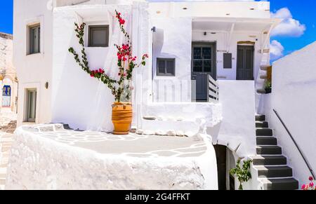 Griechenland, Kykladen. Schönes traditionelles griechisches Dorf in Lefkes auf der Insel Paros. Typische weiß getünchte Häuser und schmale Gassen mit Blumen. Stockfoto