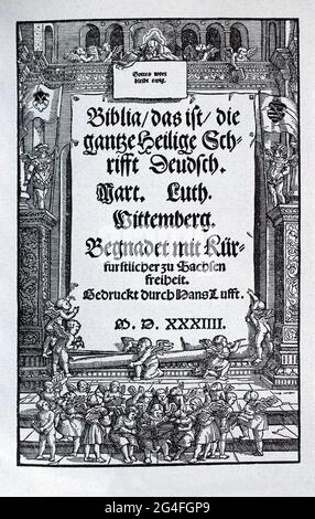 Titel und Startseite der ersten Gesamtausgabe der Lutherschen Bibelübersetzung, Wittenberg 1534 Stockfoto