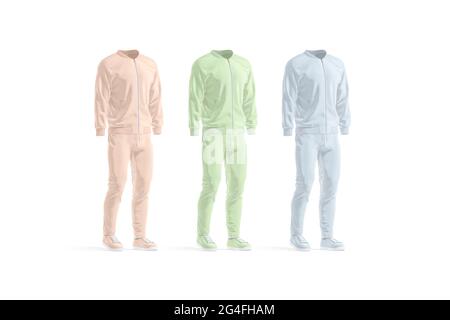 Unlackierter Sport-Trainingsanzug mit Bomber, Hose und Sneakers-Mockup Stockfoto