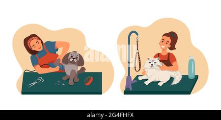 Pflegeset für Haustiere, Pflegemittel waschen gepflegte Hunde, Vektor-Sammlung von Illustrationen in flachem Stil Stock Vektor