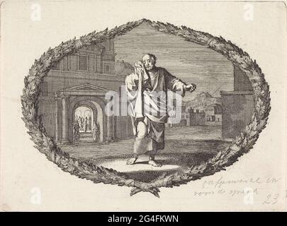 . Eine Performance in einer Kartusche aus Palmenzweigen. Im Vordergrund der weinende Petrus, der Christus dreimal verleugnet hat. Stockfoto