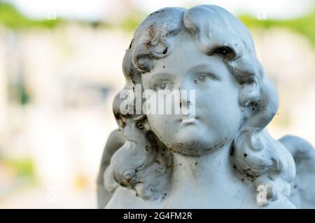 Porträt von niedlichen Engel - eine Statue auf dem Friedhof mit friedlichen Baby Gesicht Stockfoto