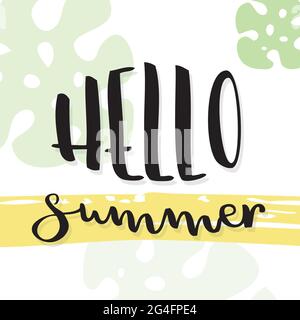 „Hello Summer“-Schriftzug. Tropische Blätter. Vektorgrafik, handgezeichnetes Design Stock Vektor