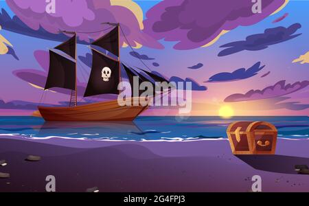 Segelndes Piratenschiff mit schwarzen Fahnen im Meer und Truhe am Ufer. Segelboot aus Holz auf dem Wasser. Sonnenuntergang oder Sonnenaufgang, Morgendämmerung auf dem Meer mit Wolken in der sk Stock Vektor