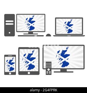 Viele Gerätemedien (Tablet, pc, Mobiltelefon, Laptop, Smart tv) mit der Karte und Flagge Schottlands. Stock Vektor