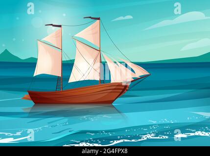 Segelschiff mit schwarzen Fahnen im Meer. Segelboot aus Holz auf dem Wasser. Stock Vektor