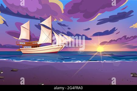 Segelschiff mit schwarzen Fahnen. Segelboot aus Holz auf dem Wasser. Sonnenuntergang oder Sonnenaufgang, Sonnenaufgang auf dem Meer mit Wolken am Himmel. Stock Vektor