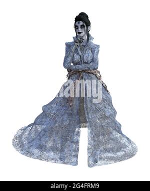 3d-Illustration einer Zombie-Frau, die ein fließendes Kleid mit Hand am Kinn auf weißem Hintergrund trägt. Stockfoto