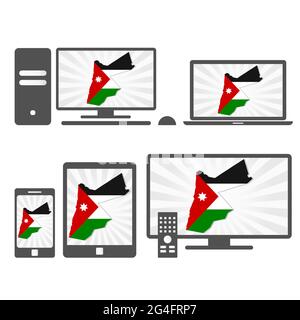 Viele Geräte-Medien (Tablet, pc, Handy, Laptop, Smart tv) mit der Karte und Flagge Jordaniens Stock Vektor