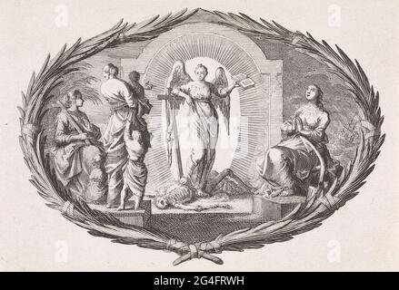 . Eine Performance in einer Kartusche aus Palmenzweigen. Im Vordergrund die drei theologischen Tugenden. Links ist Glaube und Staatsliebe. Richtig ist die Hoffnung. In der Mitte ist ein Engel mit dem Kreuz und einer Bibel in der Hand. Der Engel trampelt den Tod. Stockfoto
