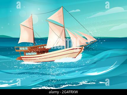 Segelschiff mit schwarzen Fahnen im Meer. Segelboot aus Holz auf dem Wasser. Stock Vektor