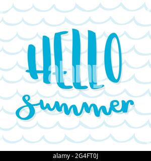 „Hello Summer“-Schriftzug. Blaue Farbe. Vektorgrafik, handgezeichnetes Design Stock Vektor