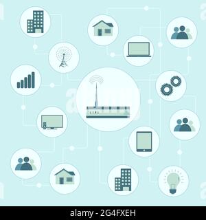 Angeschlossener Router, schematisch, die verschiedenen Objekte (Haus, elektronische Geräte, Benutzer, Kommunikationstürme, tv) Stock Vektor