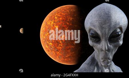 3d-Darstellung eines grauen Aliens im Weltraum mit einer feurigen Welt und Planeten im Hintergrund. Stockfoto
