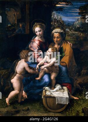 Raphael. Die Heilige Familie oder die Perle von Rafaello Sanzio da Urbino (1483–1520), Öl auf Tafel, c. 1518 Stockfoto