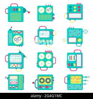 Niedliche und bunte Maschinen. Quadratische Symbole. Abstrakte Fabrik. Flaches Design. Stock Vektor