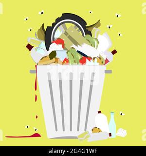 Large trash bin overflowing garbage (rotten fruit, old tires, packing of plastic, metal and glass). Trash fallen to the ground. Flies flying. Stock Vektor